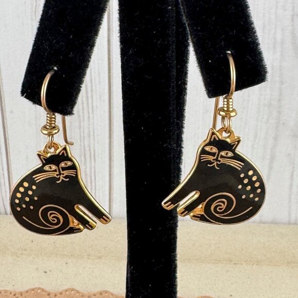 Laurel Burch Jewelry - Vintage Laurel Burch Black Enameled KESHIRE CATS Pierced  French Wires Earring